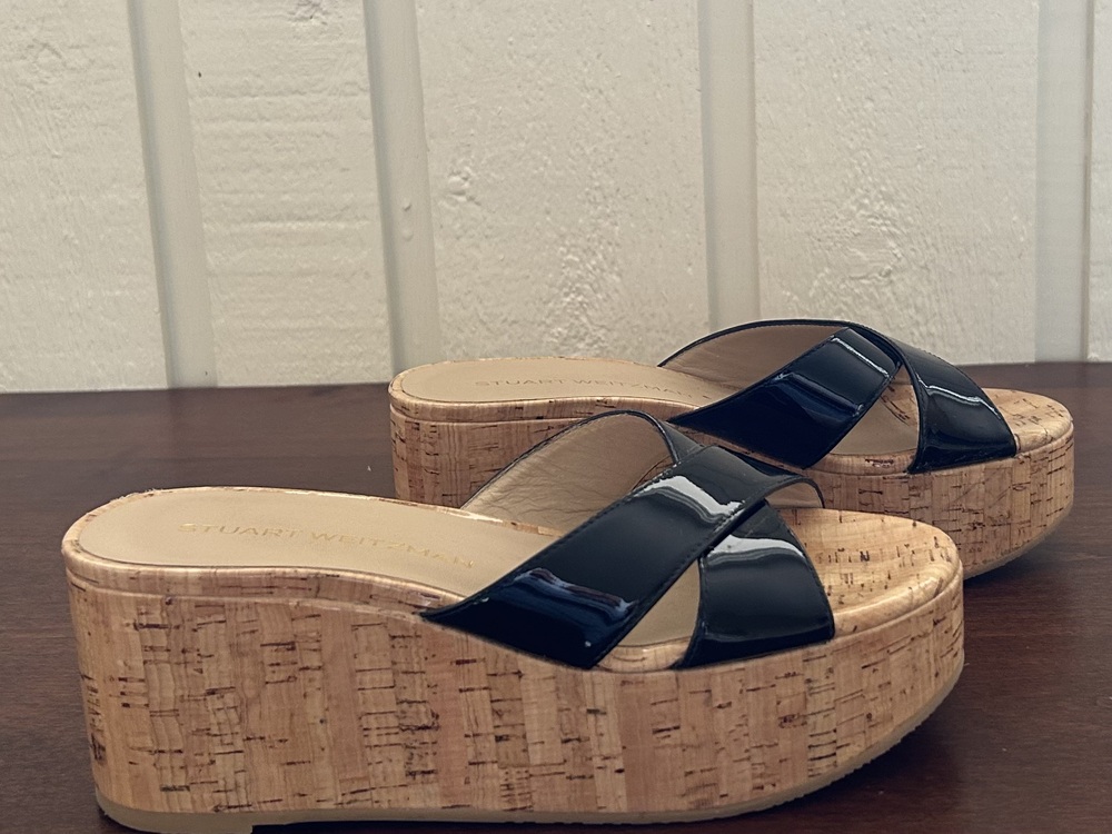 Stuart Weitzman Dayna Crisscross Wedge Platform Sandals Black Patent Size 7.5
